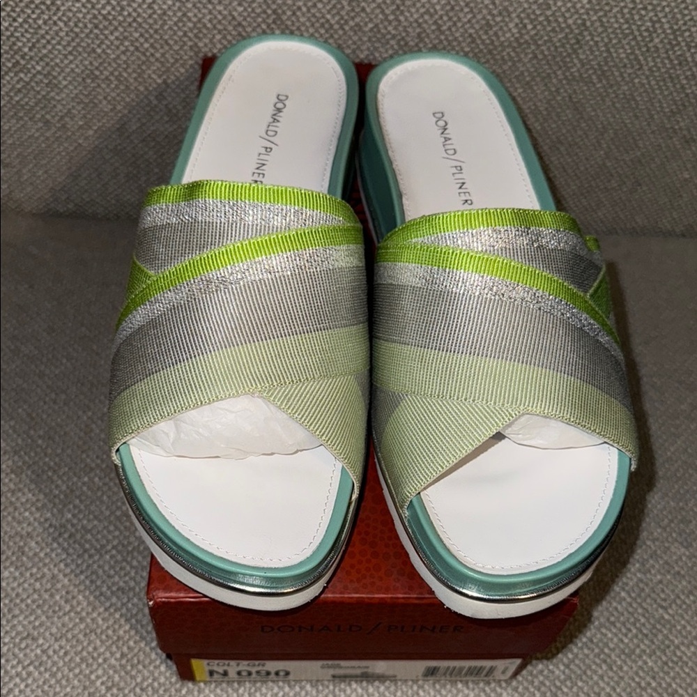 Donald J. Pliner Colt Jade Grosgrain Green and Gray Mules with Modern Design 9N
